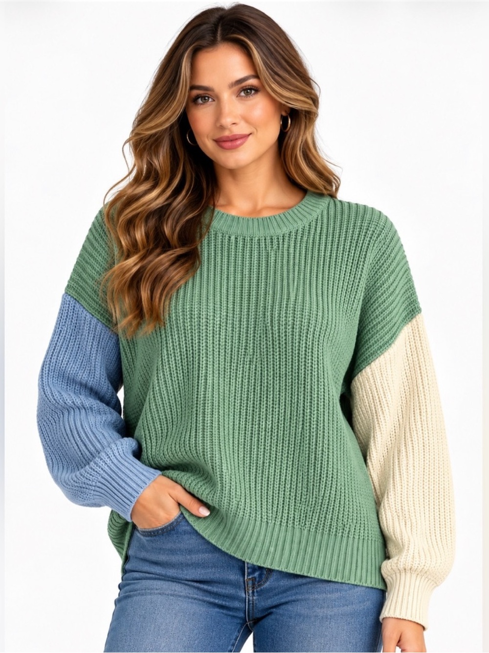 B.Young Byotinka Green Colorblock Crewneck Sweater NWT Med